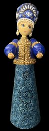 RARE Vintage Russian Woodend Hand Enameled Decorated 'Tvershoy Uzor' Doll, Signed 10.75'H