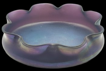 Antique Tiffany-Style Favrile Iridescent Scalloped Edge Bowl, Purple, Blue, Green & Gold Hues, 9.25' Diam. X 2