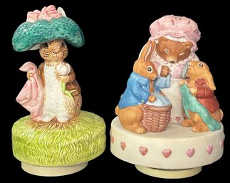2 Pcs Beatrix Potter Music Box Figurines - Mrs. Rabbit, Peter Rabbit & Mrs. Tiggy-Winkle And Benjamin Rabbit