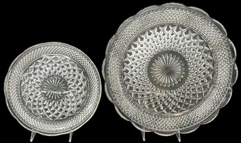 2 Pcs Vintage Anchor Hocking Wexford Scalloped Edge Pressed Glass Plates, Largest 14' Diam.