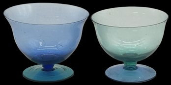 2 Pcs Iridescent Celeste Blue & Green Footed Nut Or Candy Pedestal Bowls, Largest 5.5' Diam. X 4'H