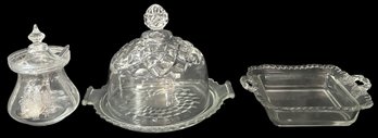 3 Pcs Vintage Glassware - Cambridge Gadroon Honey Dish, Covered Butter Dish And Etched Condiment Jar W/Spoon