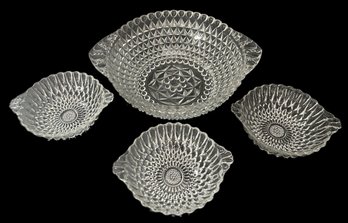 4 Pcs Vintage Clear Pressed Glass Diamond Point Tear Drop 8.75' Diam. Serving Bowl & 3-Individual Bowls