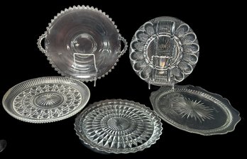 5 Pcs Vintage EAPG Serving Platters Including 11.5'H Candlewick, Deviled Egg And Others As Pictured