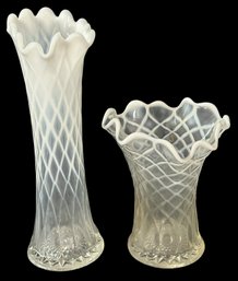 2 Pcs Antique Jefferson Glass Co Opalescent Diamond Slung, 6.5'H And 11'H