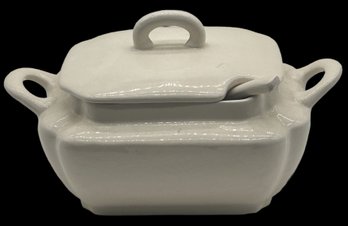 Vintage Rectangular Ivory Ceramic Soup Tureen With Matching Ladle, 12.75' X 8.5' X 7'H