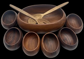 9 Pcs Treenware Teak Oval Salad Set - 14' X 8.5' X 5'H, 6-Indiviual Bowls And Tossing Fork & Spoon
