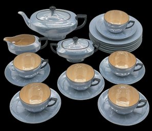 21 Pcs Vintage Tea Set - Czech Blue Luster With Peach Interiors And Black Accents, 6-ea Cups, Saucers & Plates