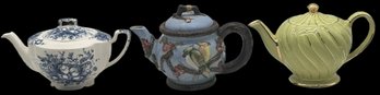 3 Pcs Vintage Teapots - Lime & Gold Green Sadler, Blue & White Windsorware & Majolica Seymour & Mann