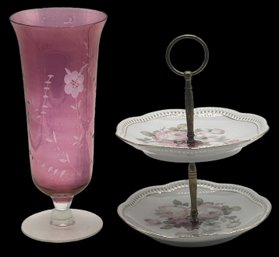 2 Pcs - Etched Cranberry Flash Footed Vase 10'H And  2-Tier Reticulated Porcelain Bon Bon Dish 9'H