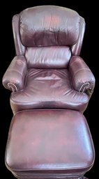 Burgundy Leather Swivel Recliner 36' Sq X 39'H, And Rolling Ottoman,