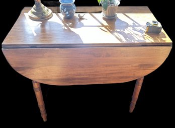 Antique Drop Leaf Table On Turned Legs, 36' X 19.5' X 30'H, Sides Down, Rounded Ends