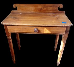 Antique Single Drawer Work Stand On Turned Legs With Figured Back Splash, 32' X 16' X 33.5'H