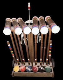 Vintage Brookstone Rolling Wooden Croquet Set, Complete