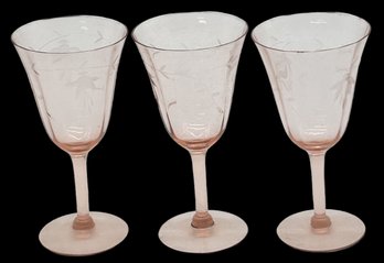 3 Pcs Art Deco Pink Etched Tiffin Franciscan Wine Glasses