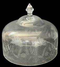 Large Heavy Cake Or Dessert Tray Etched Clear Glass Dome, 11.25' Diam. X 9.75'H