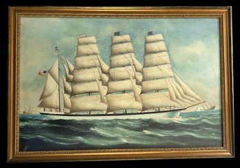 Large Framed Print Of US Flag Clipper Ship Under Full Sail, 38.25' X 26'H