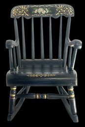 Antique Child's Black Painted & Stenciled Rocking Chair, Carved Set, 13.75' X 21' X 23.5'H