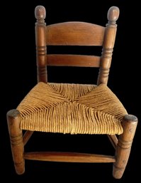 Vintage Child's Ladder Back Chair With Woven Seat, Turned Legs, 13' X 10.5' X 17.5'H