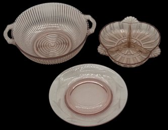 3 Pcs Pink Depression Glass, Queen Mary 8' Diam. Handled Bowl, 7.5' Diam. Etched Plate & 3-Divided Relish Dish
