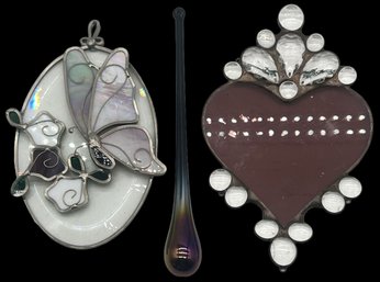 3 Pcs - Stained Glass 3-D Butterfly Light Catcher & Heart With Bubbles And Iridescent 8.25'L Teardrop