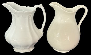 2 Pcs Antique English Ironstone Pitchers,1-11.5'H White Johnson Bros & 1-Cream Royal Crownford,