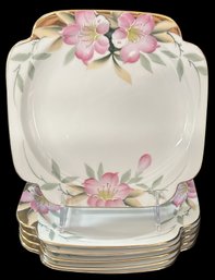 6 Pcs Vintage Noritake 7.75' Square Salad Plate, 'Azalea' Pattern, Gold Accents & Rim