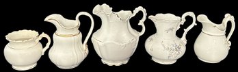 5 Pcs White Porcelain With Gold Accents, 4-Creamers Tallest 6.75'H And Cup, As Pictured