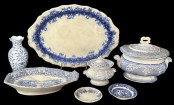 7 Pcs Mostly Antique Early 1800s Blue & White Porcelain, 13.5' X 9.5' Oval Flow Blue Platter & See Pics