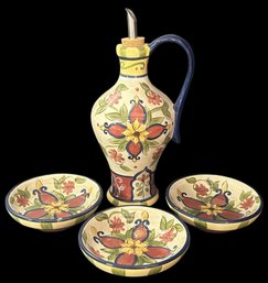 4 Pcs Vintage Oil Dipping Set - 9'H Oil Vessel And 3-4' Diam. Dipping Bowls