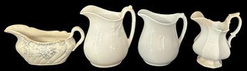 4 Pcs - 3-Antique Ironstone Pitchers Tallest 6.25'H And Porcelain Gravy Boat