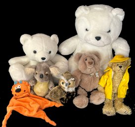7 Pcs Vintage Stuffed Bears And Animals In Wicker Basket, Largest 17'H, As Pictured