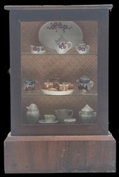 Small Antique Single Glass Door Wall Or Shelf Cabinet With Miniature Porcelain Tea Sets, 7.75' X 3.75' X 11.5'