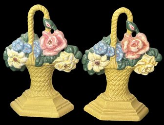 Vintage Matched Pair Cast Iron Cold Painted Floral Basket Form Door Stops, 5' X 1.5' X 6.5'H