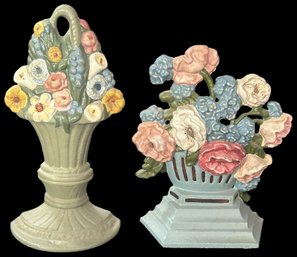 2 Pcs Vintage Cast Iron Cold Painted Floral Basket Form Door Stops, 8.75H'
