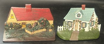 2 Pcs Cast Iron Cold Painted House Form Door Stops, Antique Yellow House 8.5' X 2' X 5.75'H And Other Vintage