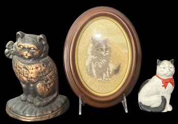 3 Pcs Vintage Cat Feline Items. Cast Iron Cold Painted Still Bank & Door Stop 7'H And Oval Framed Petite Point