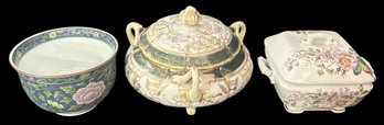 3 Pcs Porcelain - Tri-Footed & Handles Nippon Lidded Jar, Chinese Chinoiserie Bowl & Ironstone Lidded Sq Box