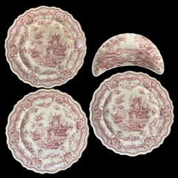 4 Pcs Early 1800s Antique Red Transferware Dishes, 3-Antiquarian 7.75' Diam. Plates And Ironstone Crescent Bon