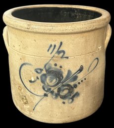 Antique 1-1/2 Gal Salt Glazed Stoneware Crock With Blue Flowing Design, 8.75' Diam. X 8'H