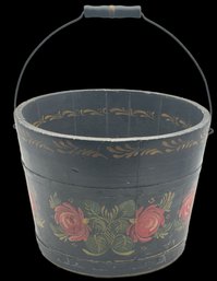 Antique Tole Painted Wooden Bucket, Swing Handle, 13' Diam. X 9.5'H (Handle Down)