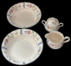 4 Pcs Nikko Japan Ceramic Creamer And Covered Sugar, Provincial Designs & 2-9' Diam. Serving Bowls
