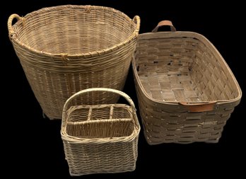4 Pcs Woven Baskets - Rectangular, Signed Vermont 20' X 13.5' X 9'H, Napkin & Flatware & 17' Diam With Handles