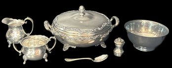 6 Pcs Antique & Vintage Silver Plate, 1869 Covered Casserole, Creamer & Sugar, Grinder & Revere Style Bowl