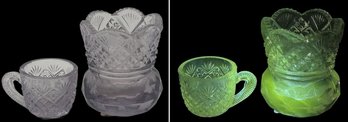 2 Pcs Amethyst Uranium Glass Toothpick Holder And Miniature Punch Cup