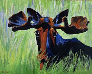 Original Unframed Abstract Painting On Canvas, 'Soulful Moose', Signed 'Bongio', 29.75' X 24'