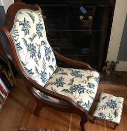 Mahogany Upholstered Chair With Small Footstool And Two Pillows 19'W X 22'D X 38'H