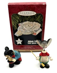Two Bobblehead Mice - 1 Is Mickey - And A Hallmark Star Trek Ornament - Deep Space Nine USS Defiant