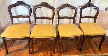 4 Pcs Antique Balloon Back Side Chairs With Fruit Fruit, Good Condition, Gold Upholstery, 18' X 17' X 23'H