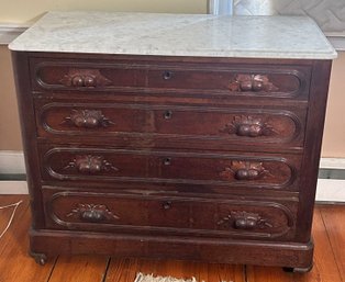 Antique Marble Top 4-Drawer Chest With Carved Fruit Pulls, 42' X 19' X 35.5'H